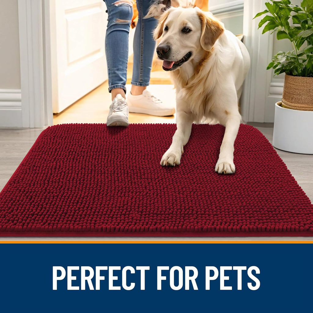 OLANLY Dog Door Mat - Absorbent Non-Slip Chenille Mat for Muddy Paws | 34x21 Inches, Red