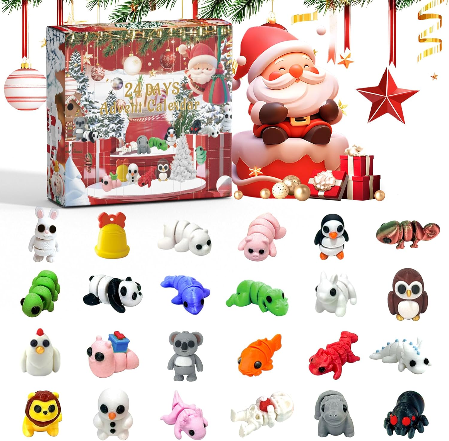 Skiennix 24 PCS 3D Printed Animal Collectibles - Fun Christmas Countdown Calendar Ornaments for Kids & Teens