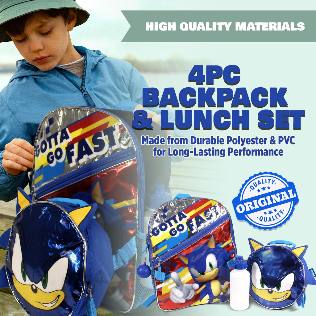 AI ACCESSORY INNOVATIONS Sonic the Hedgehog 4PC Backpack Set for Boys, 16" Sonic Backpack, Lunchbox, Water Bottle & Fidget Ball Kids School Set
