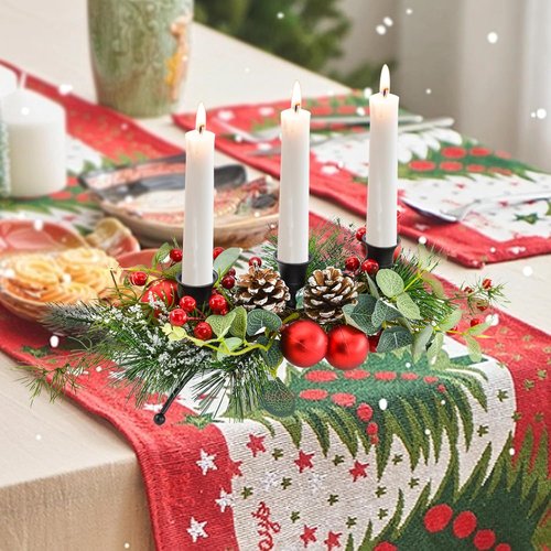 MrMrKura Christmas Tabletop Centerpiece - 3 Candle Holders with Pine Cones & Red Berries for Festive Dining Room Decor