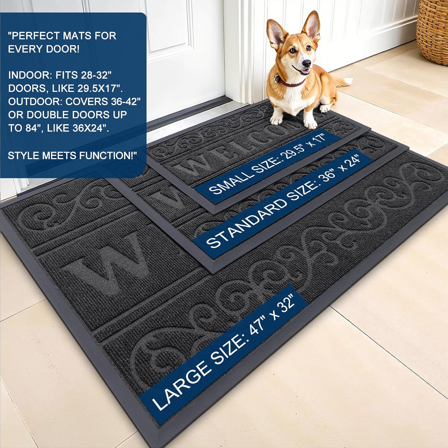 OLANLY Heavy Duty Welcome Door Mat - Waterproof All-Weather Stain Resistant | 29.5 x 17 Inches, Black