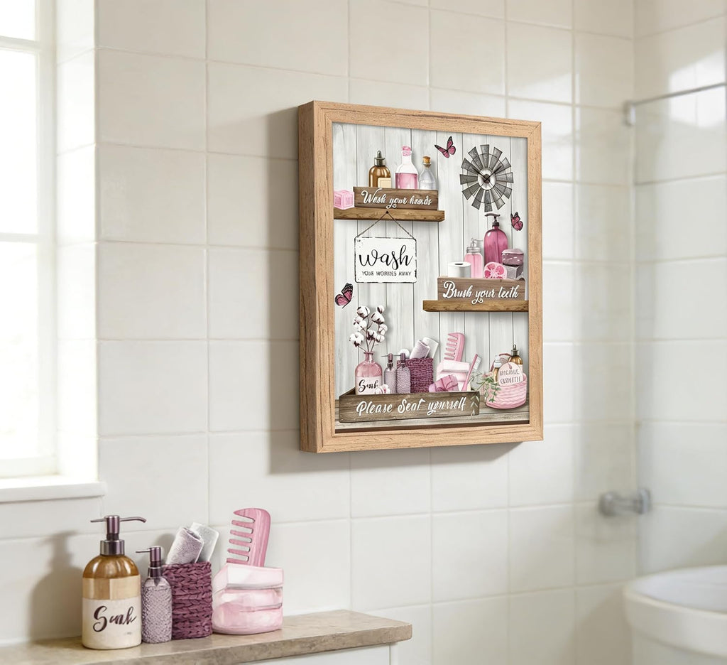 Regine Switzerland Pink Bathroom Canvas Wall Art - Modern Farmhouse Decor | Framed Ready to Hang
