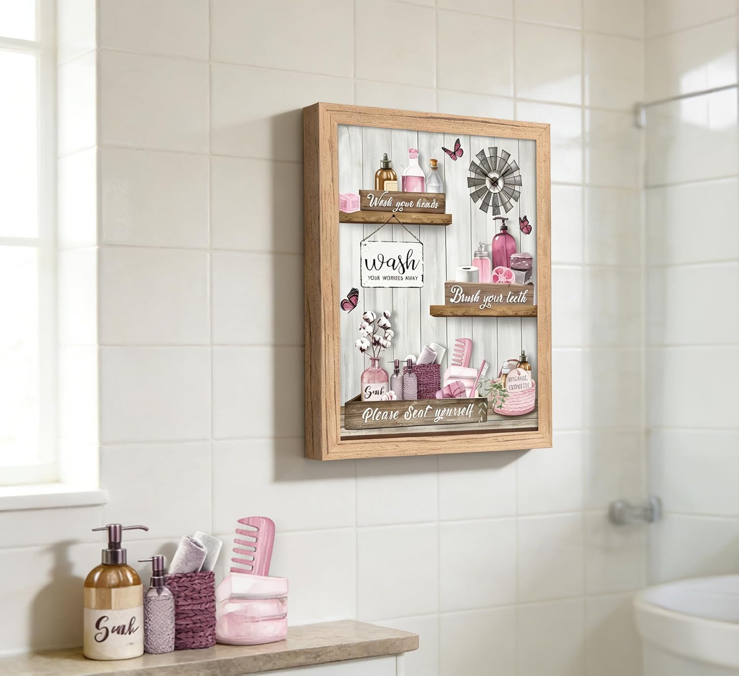 Regine Switzerland Pink Bathroom Canvas Wall Art - Modern Farmhouse Decor | Framed Ready to Hang