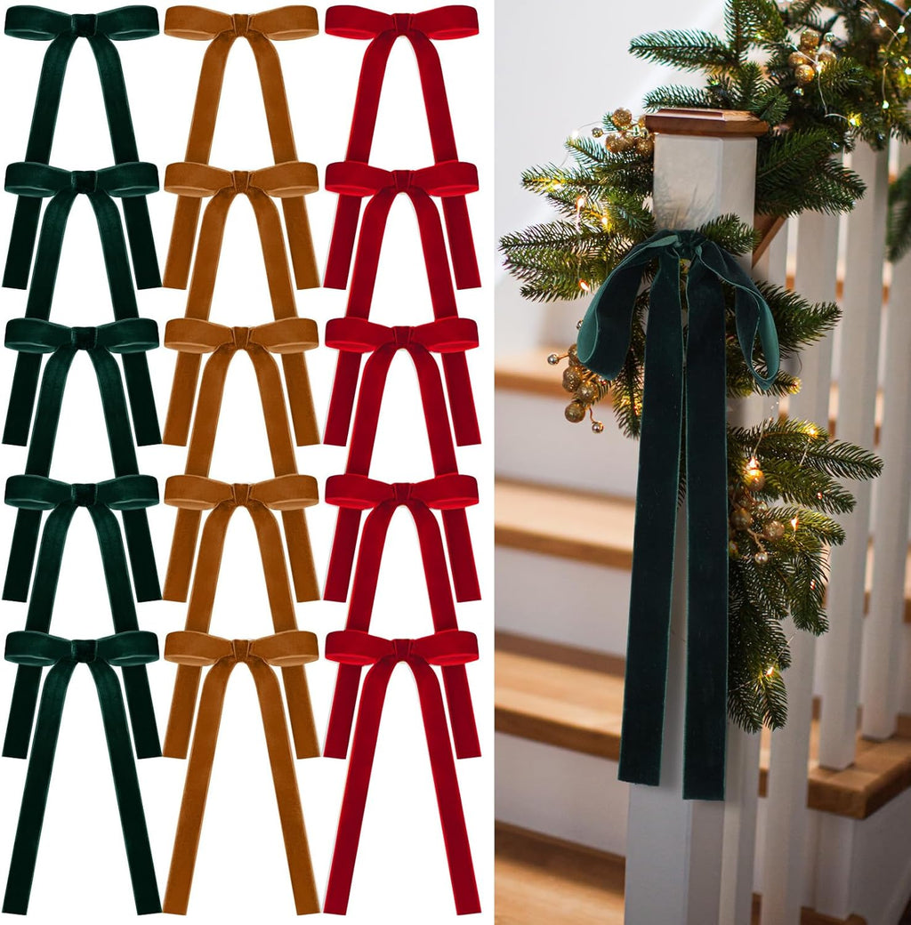 Skiennix 24 Pcs Velvet Bows - Vintage Ribbon Bows for Christmas Tree & Crafts | Dark Red, Cooper, Dark Green (9 x 13 Inch)