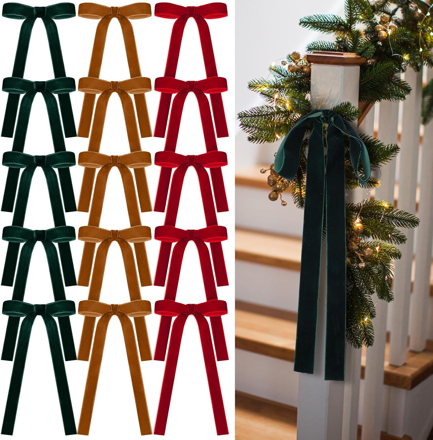 Skiennix 24 Pcs Velvet Bows - Vintage Ribbon Bows for Christmas Tree & Crafts | Dark Red, Cooper, Dark Green (9 x 13 Inch)