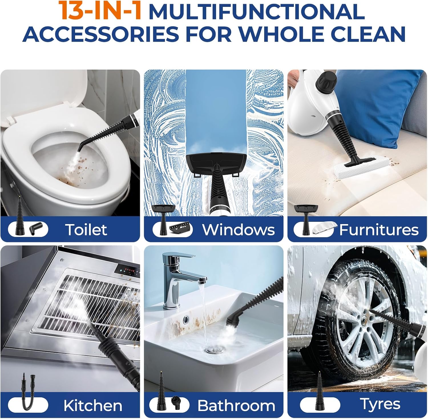 Skiennix Steam Cleaner - Pressurized Handheld 13-Piece Multi-Purpose Deep Cleaning Tool | Portable White Steamer for Home, Car, and Upholstery