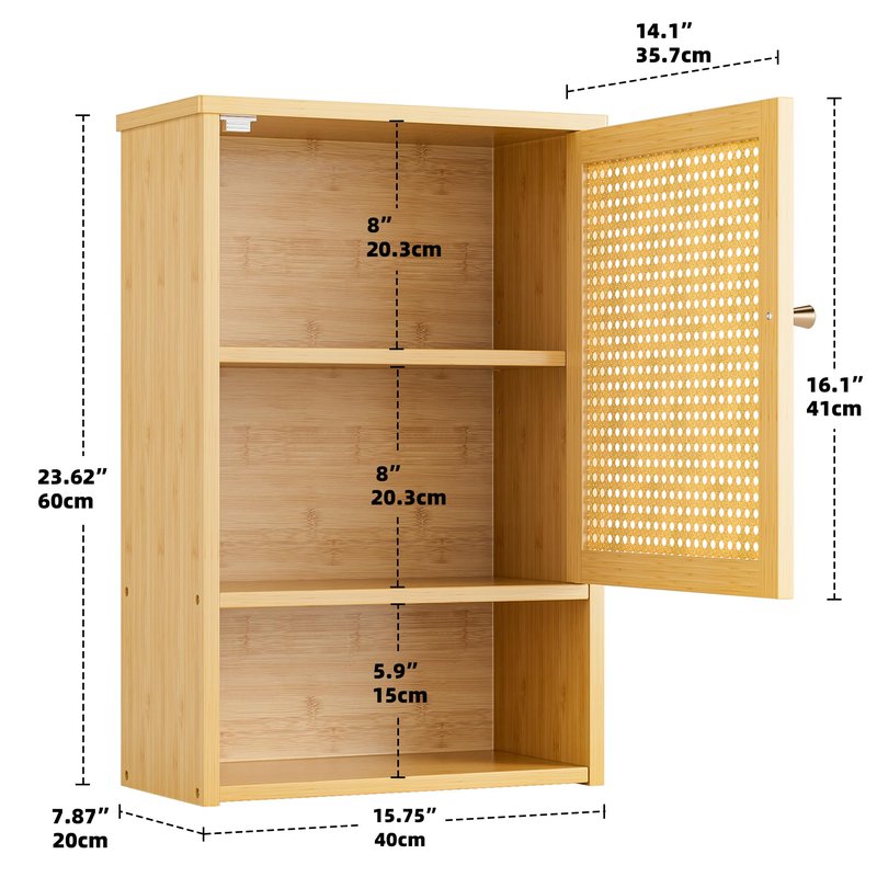 vovala Bathroom Wall Cabinet, Bamboo Over-The-Toilet Storage Organizer with Rattan Doors and Adjustable Shelf, Space Saver Medicine Cabinet for Laundry, Kitchen, Living Room (Natural)