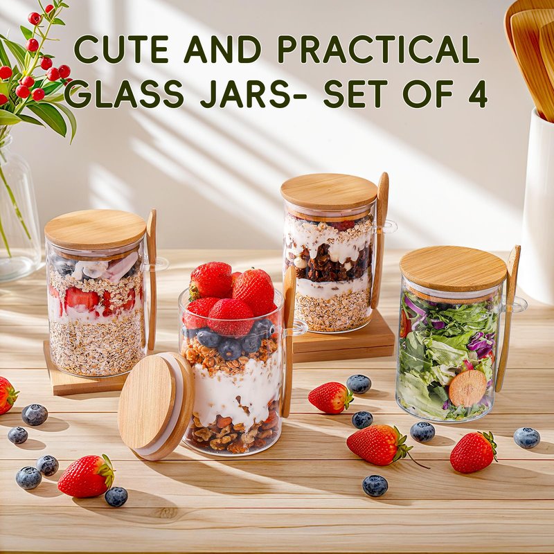 MHDCLY Overnight Oats Containers with Lids,16oz Overnight Oats Jars 4 Pack, Oatmeal Cups,Meal Prep Containers,Glass Meal Prep Containers with Lids,China Pudding Jars