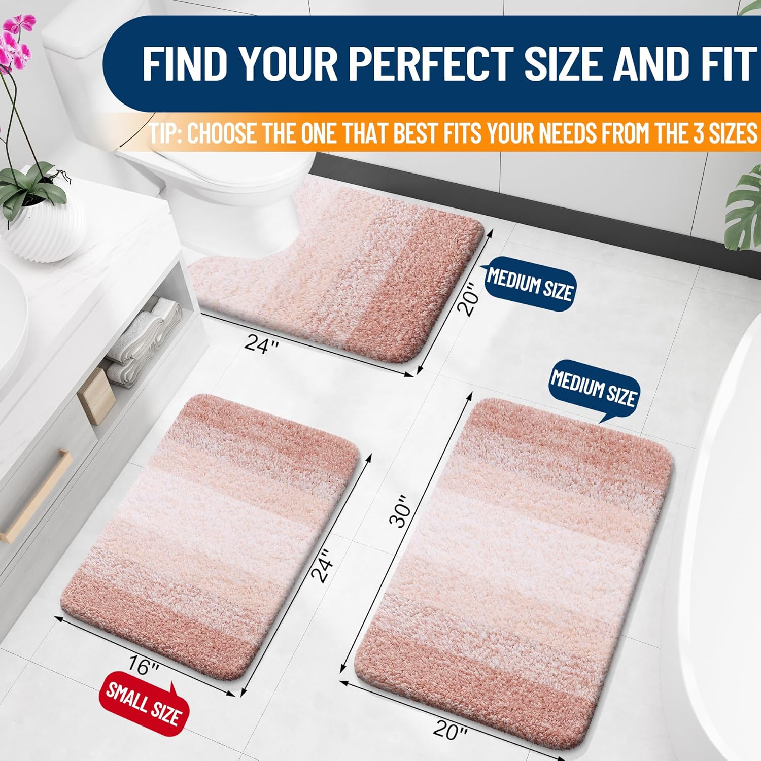 OLANLY Large Bathroom Rugs - Extra Soft Microfiber Mat 54x24 | Quick Dry & Machine Washable, Peach