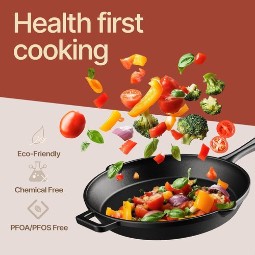 Bakken Pre-Seasoned Cast Iron Skillet - 12" Versatile Frying Pan with Glass Lid & Silicone Handle