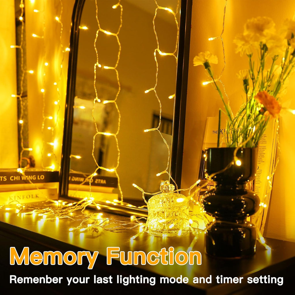 Ollny 200 LED Curtain Lights - 6.6x6.6ft Dimmable Fairy Lights with Remote & Timer | Warm White Indoor Decor