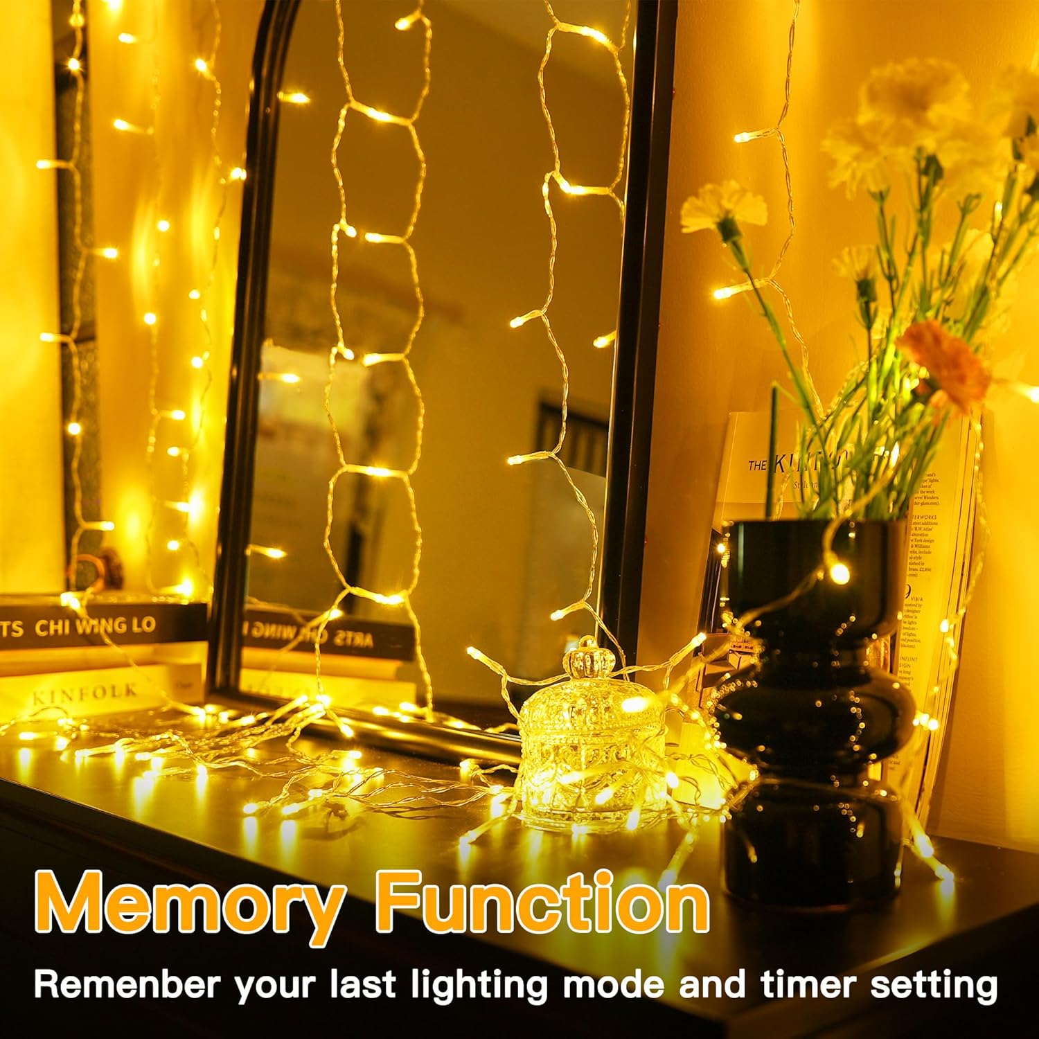Ollny 200 LED Curtain Lights - 6.6x6.6ft Dimmable Fairy Lights with Remote & Timer | Warm White Indoor Decor