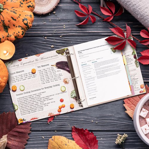 CraftSaints Recipe Binder 8.5x11, 3 Ring DIY Cookbook Binder Kit 12 Dividers & 25 Plastic Sleeves & 25 Recipe Pages & 36 Labels, Recipe Organizer Binder Kit, Recipe Book (Vegetable)