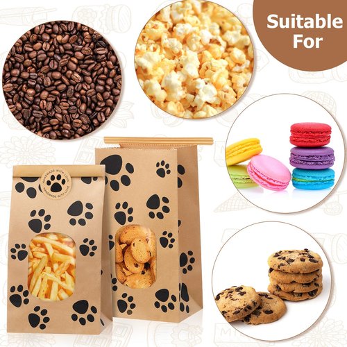 Tenceur 120 Pcs Dog Paw Bakery Bags with Window Paper Cookie Bags 3.54 x 2.36 x 6.7 Inch Tin Tie Tab Lock Bags Seal Stickers for National Dog Day Coffee Beans Candy Gift Party Favor