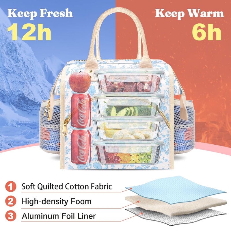 Lunch Bag Women Insulated Lunch Box Wide-Open Lunch Tote Bag Large Drinks Holder Durable Nylon Thermal Snacks Organizer for Men Adults Work Picnic Hiking Beach Fishing, Red Flower