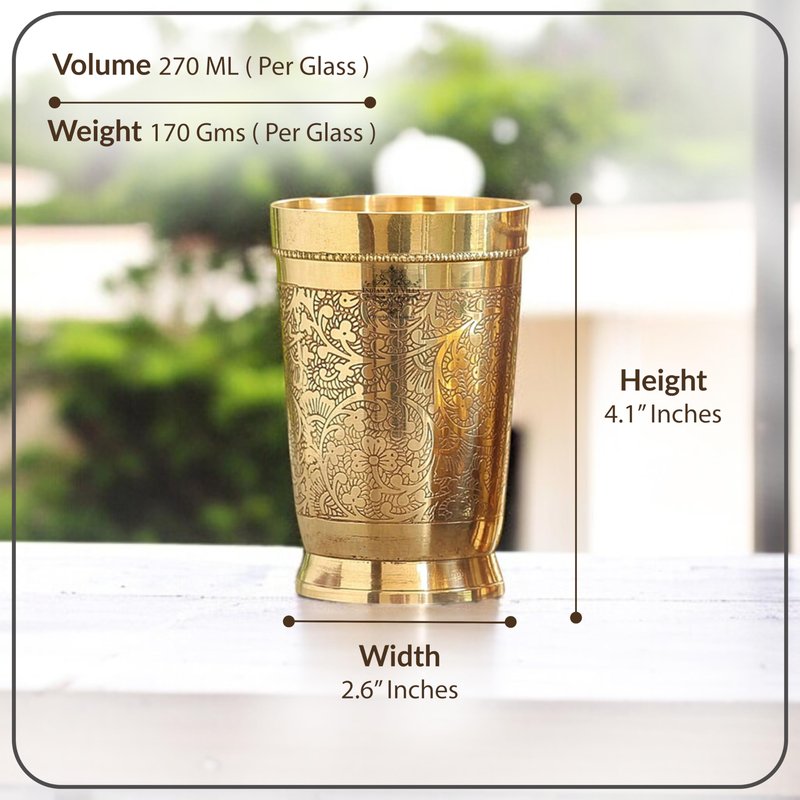 Indian Art Villa Brass Glass Tumbler, Embossed Design, 11 Oz Each, Set of 2