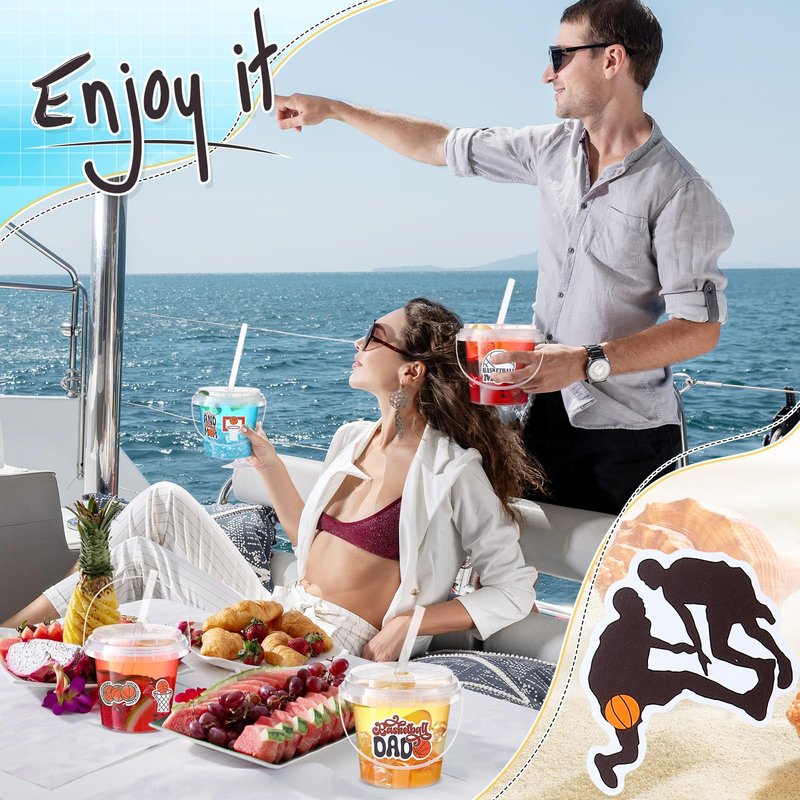 Funnymoom 30 Sets Clear Plastic Cups 24 oz Ice Cream Buckets with Lids & Straws Disposable Drink Cups Cocktail Pails Bulk with Handles and Stickers for Outdoor Beach Birthday Pool Party(Halloween)