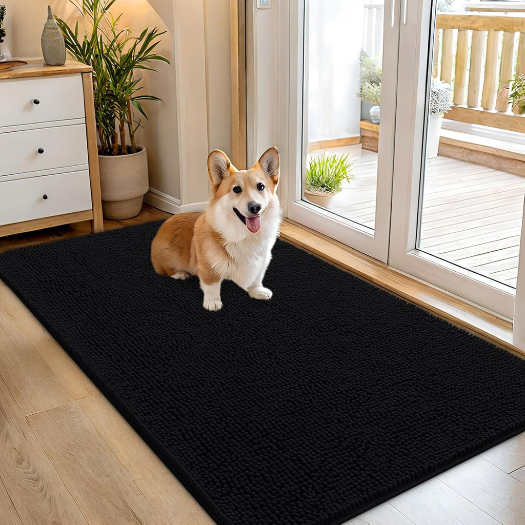 OLANLY Dog Door Mat - Absorbent Non-Slip Chenille Mud Mat for Indoor Use | 54x32, Black