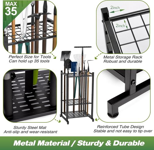 Garden Tool Organizer - Heavy Duty Steel Yard Tool Rack for Up to 35 Long-Handled Tools | Black