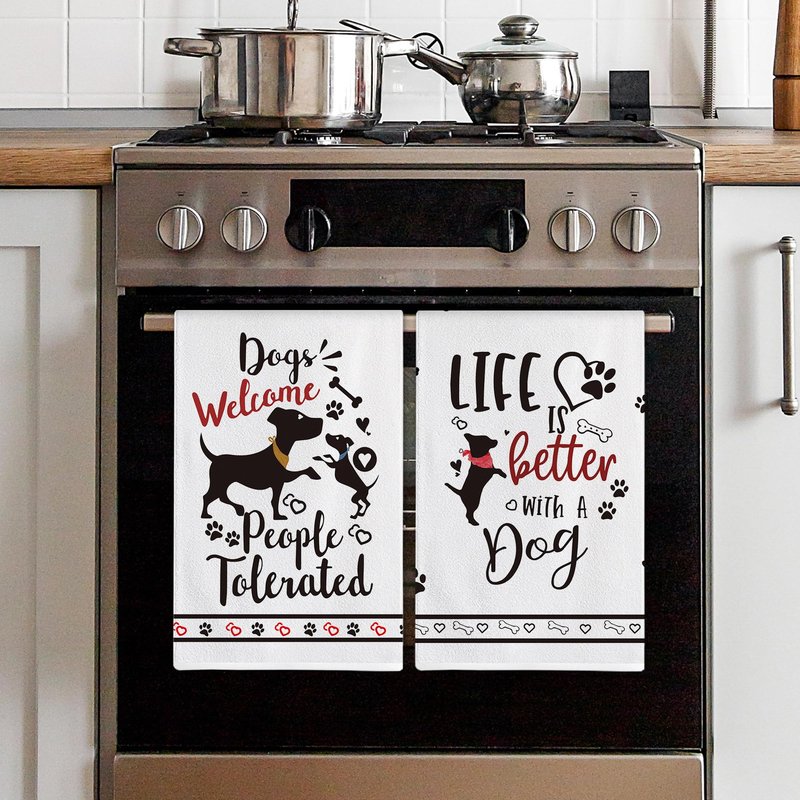 Hexagram Dog Dish Towels and Dish Cloths Dog Mom Gifts for Women Lovers, Funny Kitchen Hand Towels Sets of 4, Dogs Welcome People Tolerated Sayings Tea Towel Housewarming Decor for New Home Bathroom