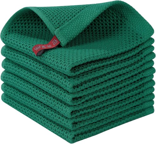 Homaxy Kitchen Dish Cloths - 100% Cotton Waffle Weave, Ultra Soft & Absorbent, 12x12 Inches, 6-Pack | Dark Green