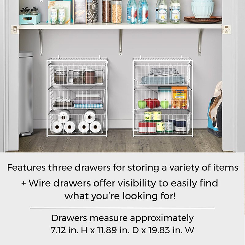 ClosetMaid Wire Basket 3 Drawer Organizer Unit with Shelf for Pantry, Closet, Clothes, Linens, Sturdy Steel, Easy Assembly, White