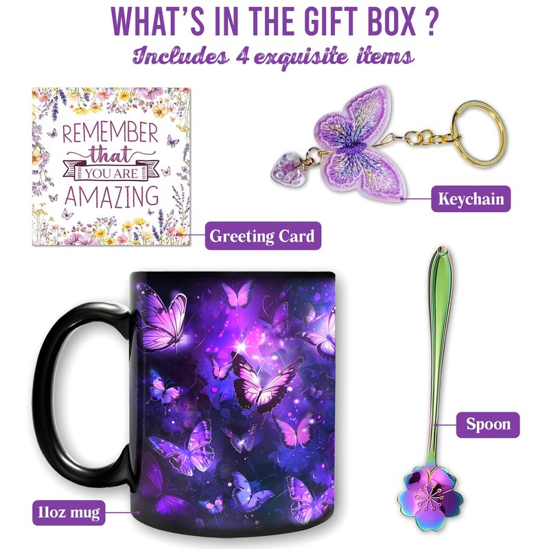 Hyturtle Butterfly Mug Set with Spoon & Keychain Gifts for Women, Mothers Day, Birthday Gifts For Mom, Daughter, Sister, Purple Night Butterflies Mug Set, Unique Gift Ideas 11oz Black Ceramic Tea Cup