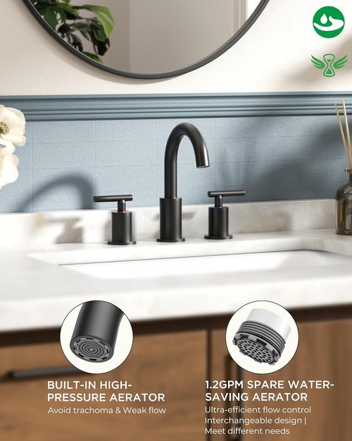 FORIOUS Black Bathroom Faucet - 8-Inch Widespread Matte Black Sink Faucet with 360° Swivel Spout | Includes Pop-Up Drain