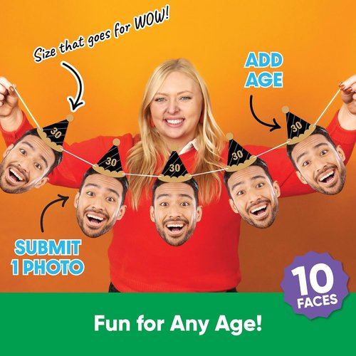 Big Dot of Happiness Black & Gold Birthday Garland Banner - Personalized Face Cut Outs, 30 Feet
