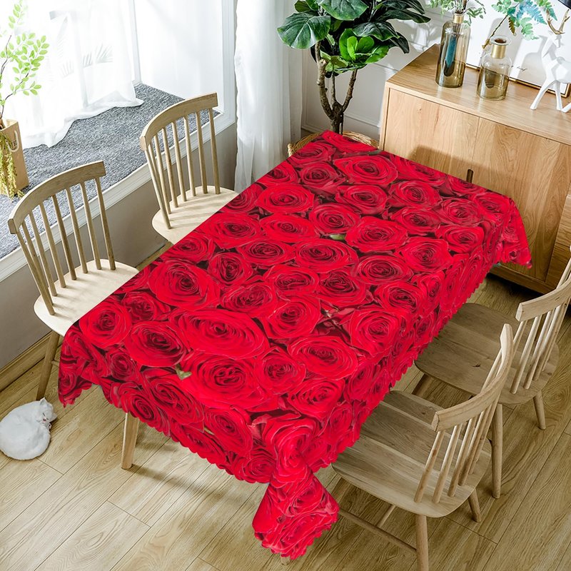 TTQYFNM 54x78inches Red Rose Floral Tablecloth Romantic Rose Flowers Blossom Nature Print Rectangle Table Cloth Wipeable Polyester Table Cover for Dining Room Kitchen Outdoor Wedding Party Decor