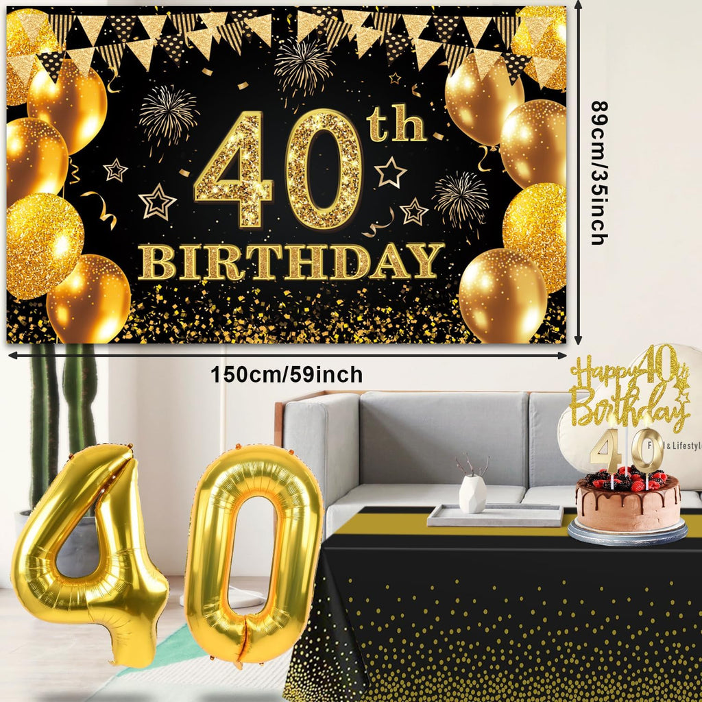 Regine Switzerland 40th Birthday Decorations - Black & Gold Banner, Table Cloth, Balloons & Cake Topper