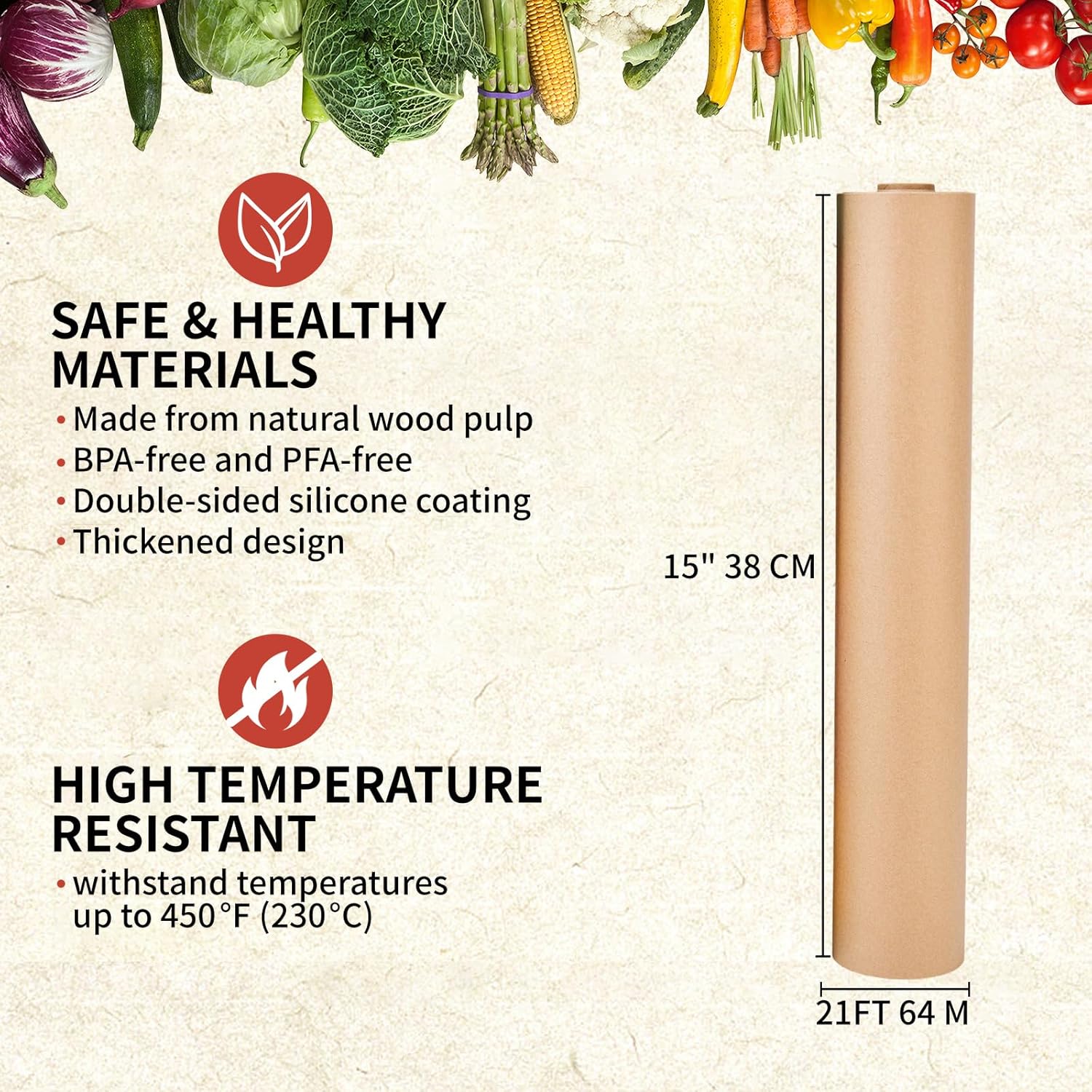Unbleached Parchment Paper Roll - 15" x 210' Non-Stick Baking Paper | Heat Resistant & Food Grade Brown for Cooking and Grilling