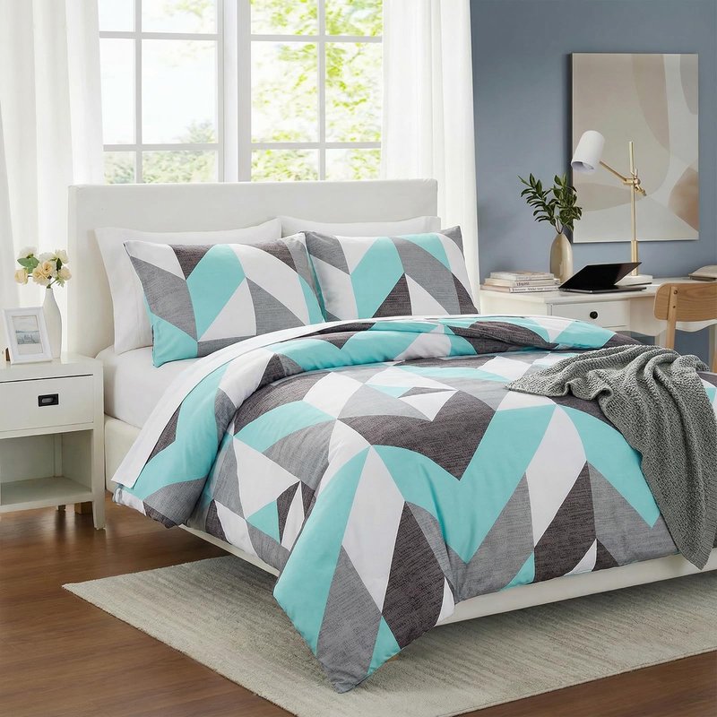 Bedbay Teal Comforter Set King Size Gray and Turquoise Bedding Set Modern Geometric Chevron Duvet Insert 3 Pcs Western Bedding Comforter Set Soft Lightweight Down Alternative Bed Set for All Season
