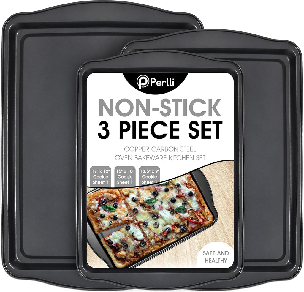 Perlli Non-Stick Baking Sheets - 3-Piece Carbon Steel Set for Cakes & Cookies | BPA-Free, Various Sizes