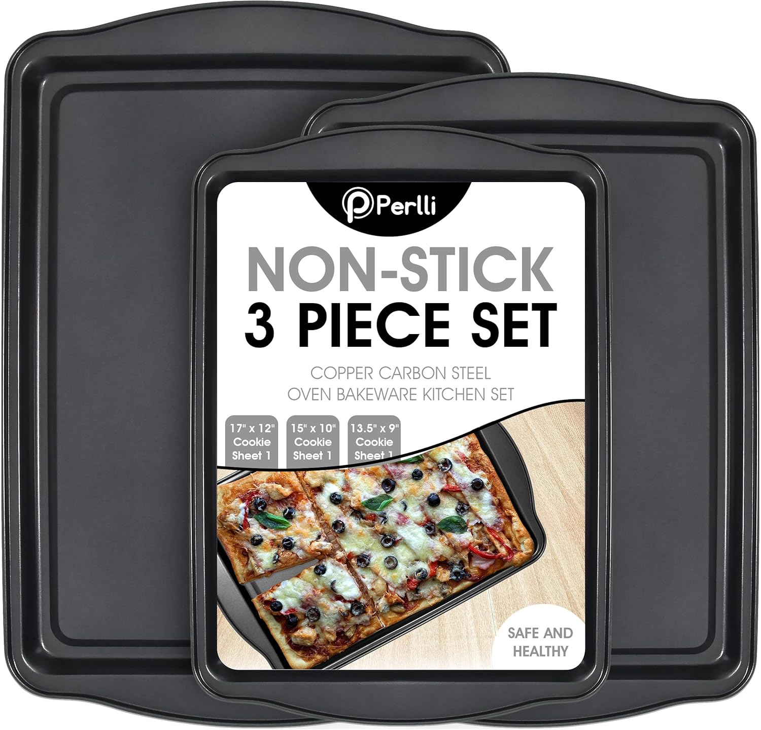 Perlli Non-Stick Baking Sheets - 3-Piece Carbon Steel Set for Cakes & Cookies | BPA-Free, Various Sizes