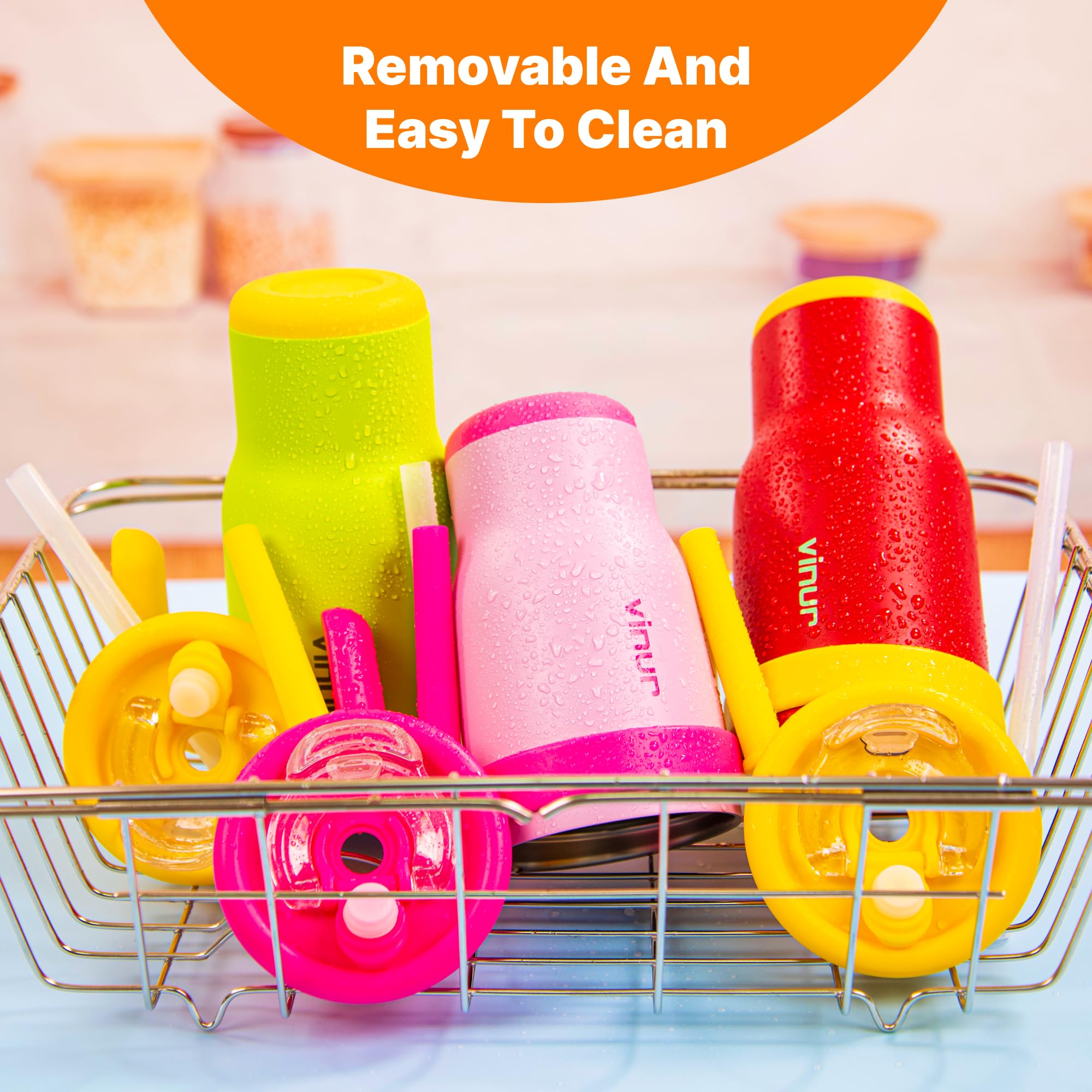 VINUR 14 oz Kids Tumbler with Handle and Straw Lid-2 Pack Stainless Steel Insulated Tumbler Travel Cup with Rubber Base|Drop and Leak Resistant |Cup Holder Friendly (Canyon Red-Navy)