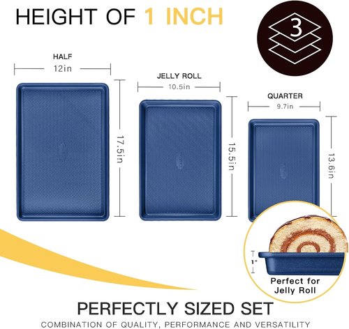 HONGBAKE Baking Sheet Pan Set - Nonstick Cookie Sheets with Diamond Texture | Heavy Duty Dark Blue Pans