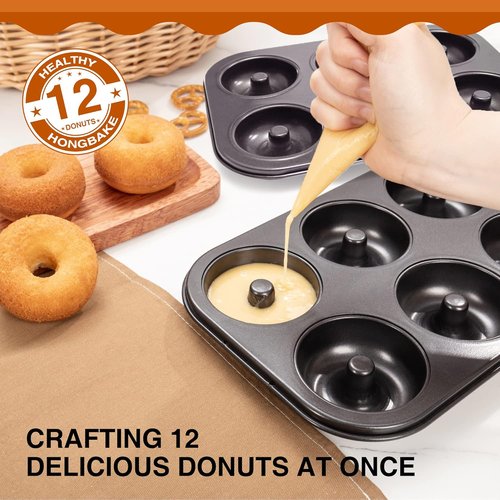 HONGBAKE Donut Pan - Upgraded Deepened Nonstick Baking Tray, 2 Pack 6 Cavity Mini Bagel Mold - Black