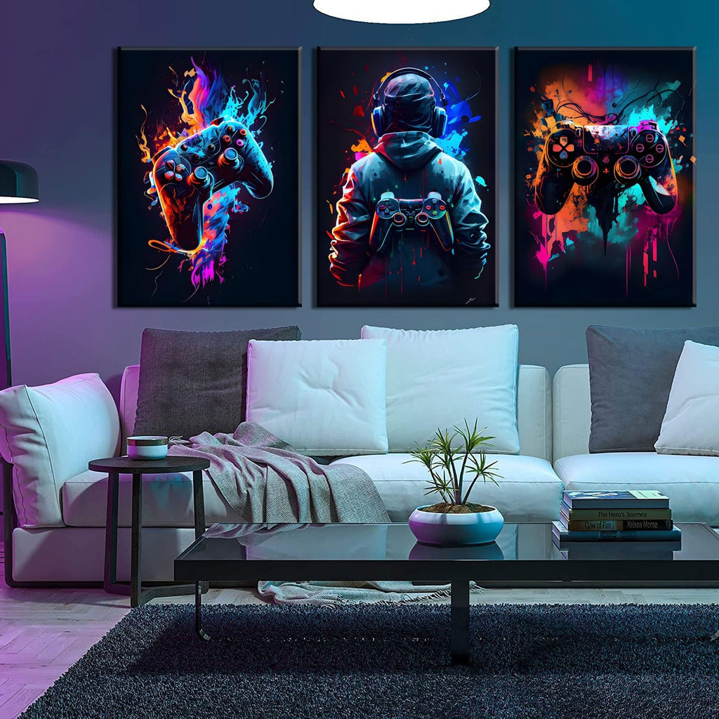 Skiennix Cool Gaming Wall Art - Retro Video Game Watercolor Posters | Colorful Neon Gamepad Canvas Prints for Kids' Rooms