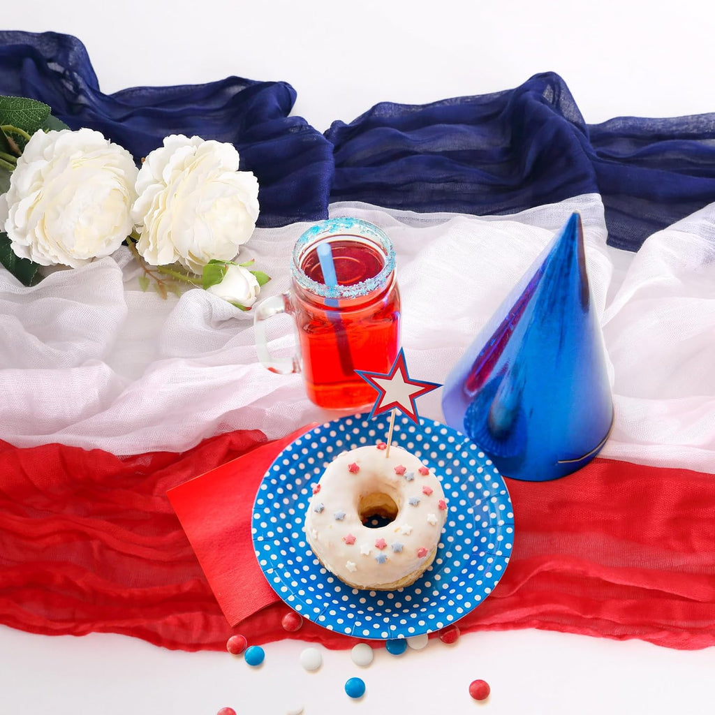RunNico Cheese Cloth Table Runner - 120 x 38 Inch Rustic Red, White & Blue for Patriotic Decor