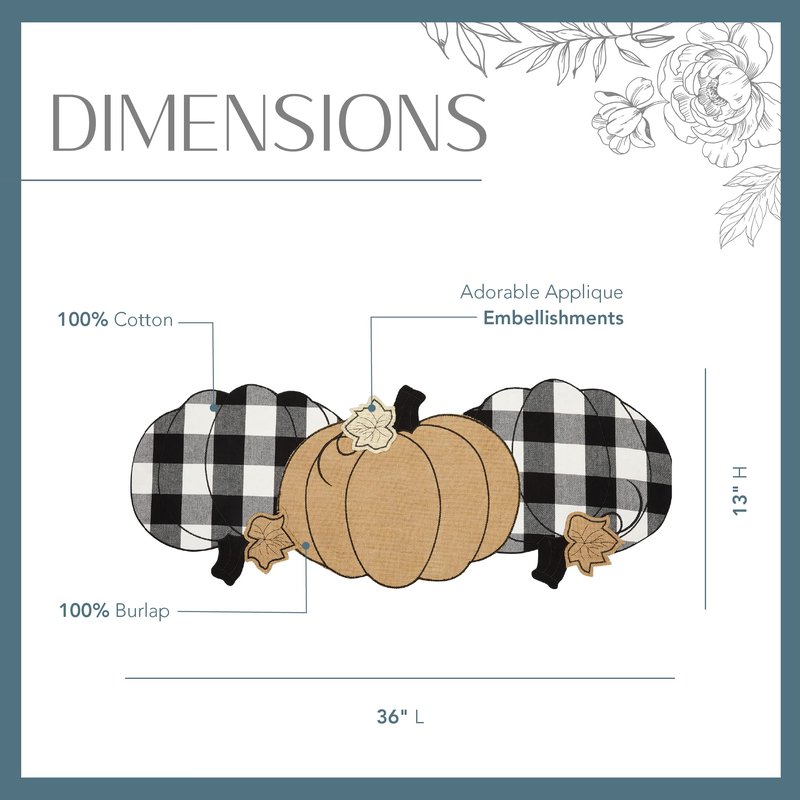 Elrene Home Fashions Burlap and Check Pumpkin Centerpiece Table Runner, 13" x 36", Black and White
