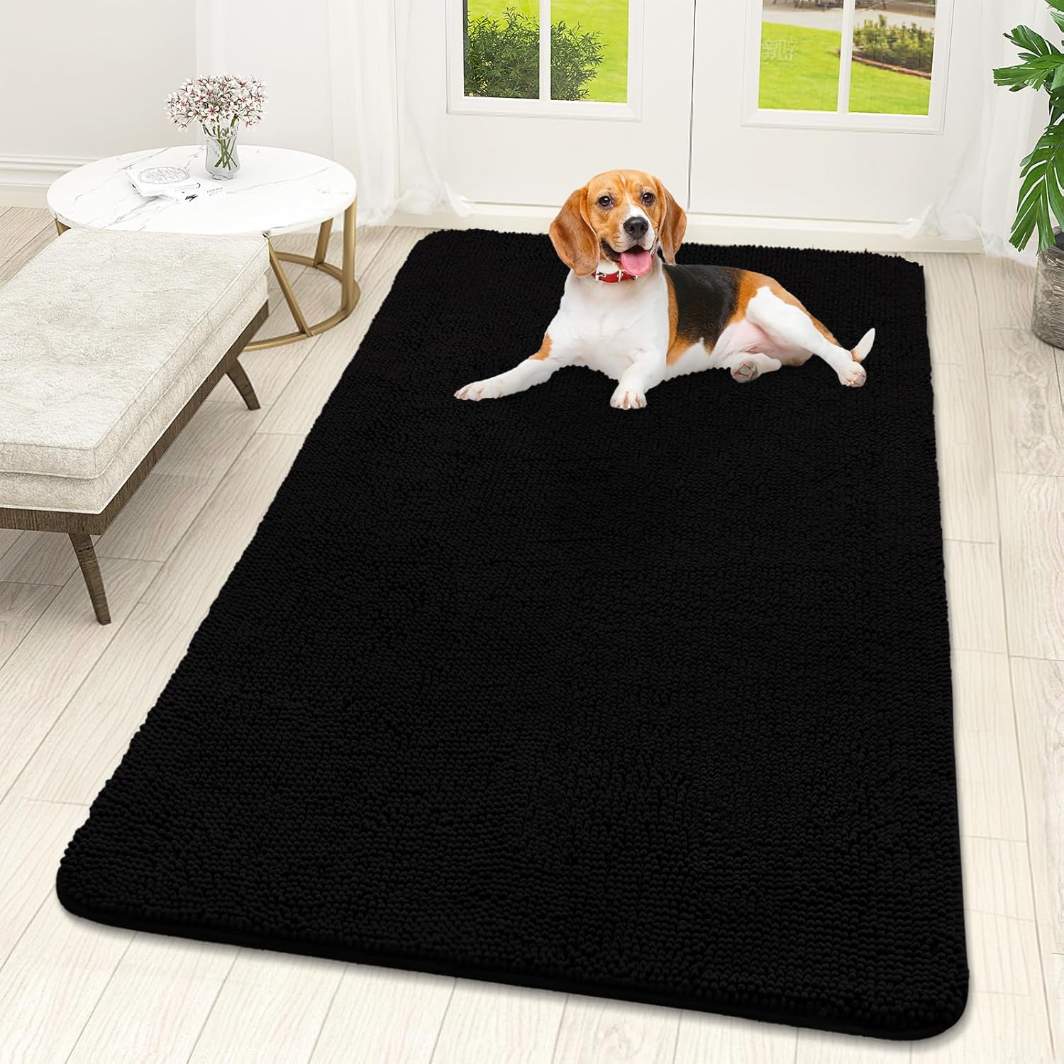 OLANLY Dog Door Mat - Absorbent Non-Slip Washable Chenille Mat for Muddy Paws | 59x32 Inches, Black