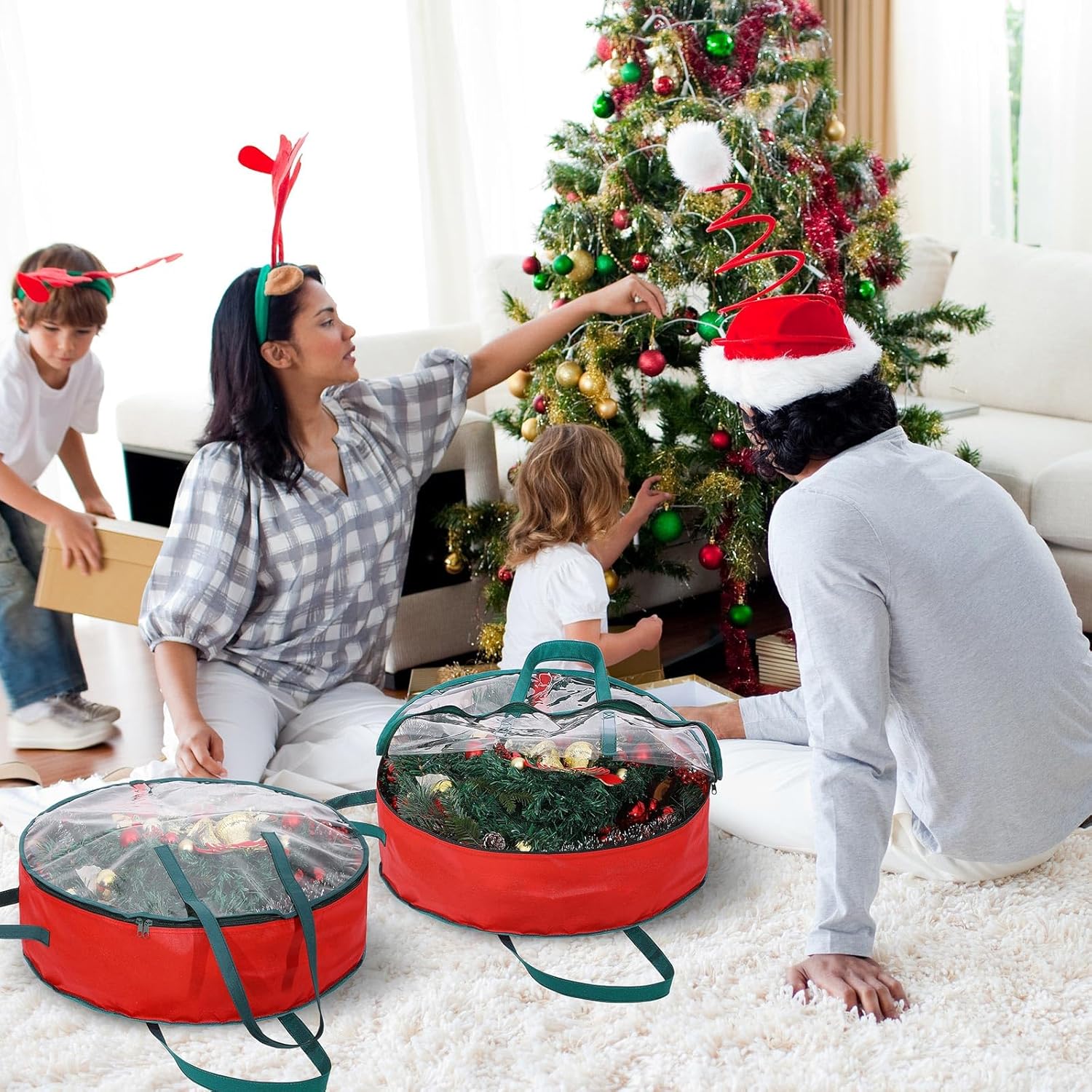 Shappy Wreath Storage Bag - 4 Pcs Red Clear Window Containers with Handles | 36 Inch Holiday Garland