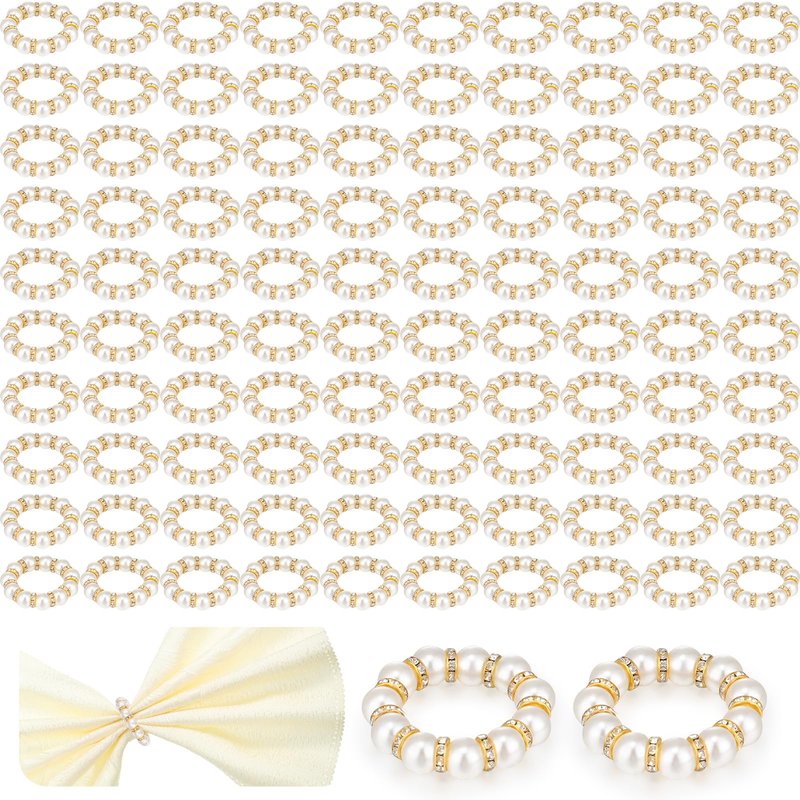 Tanlade 150 Pcs Wedding Pearl Napkin Rings Imitation Pearl Beaded Napkin Rings Holder Silver White and Gold Elastic Dinner Table Decor Rhinestone Serviette Rings for Table Party Decorations