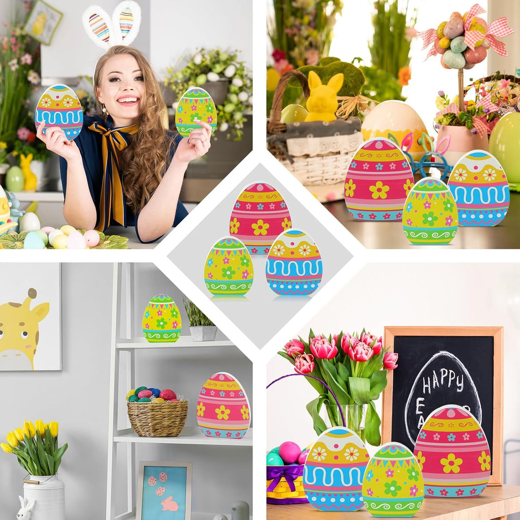 Threan Easter Egg Tabletop Decorations - 3 Pcs Wooden Signs for Spring Home & Dining Room Decor