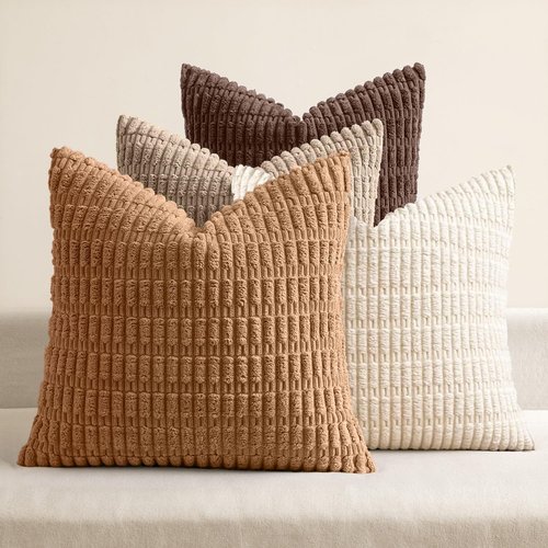 MIULEE Decorative Throw Pillow Covers - Pack of 4 Neutral Corduroy, 18x18 Inch, Soft Striped Design for Rustic Farmhouse Decor
