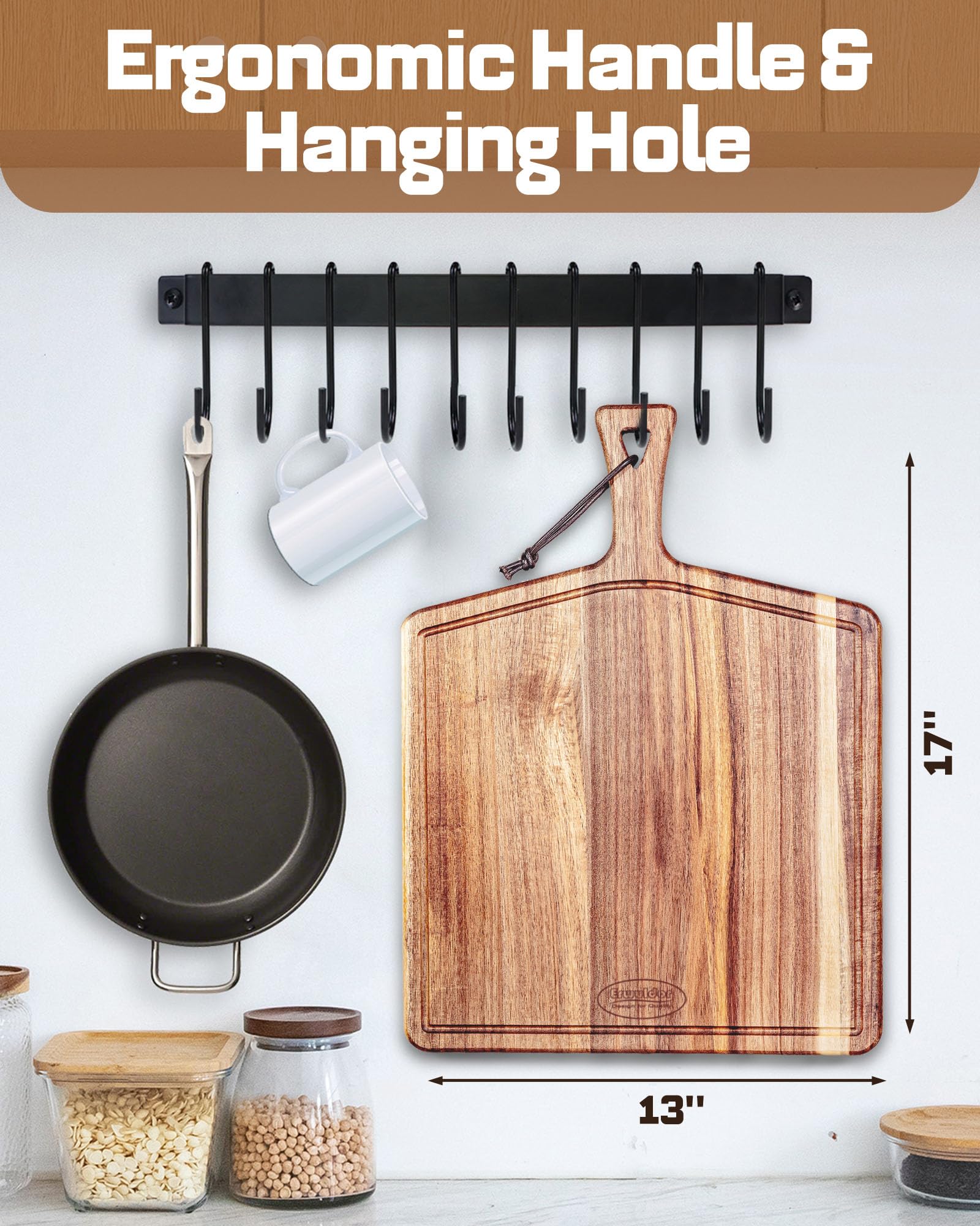 Acacia Wood Cutting Board-Square wood cutting board with handle-charcuterie boards-Serving Board-Pizza Board-Cheese Board.decorative cutting boards for kitchen-Multipurpose & Durable，Large 17" x 13"