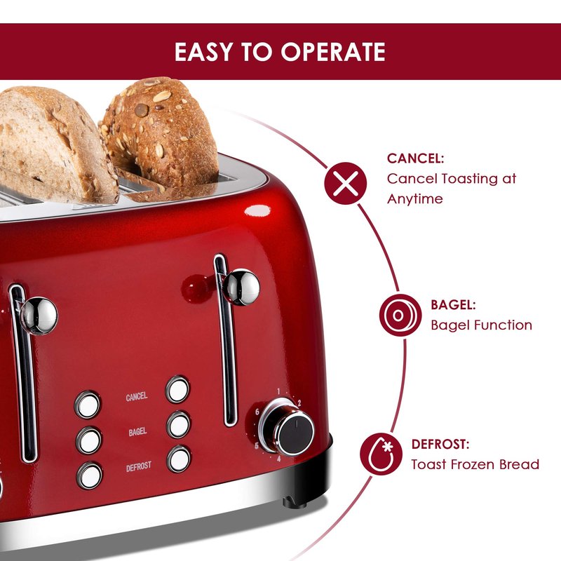 Roter Mond 4 Slice Toaster Retro Stainless Steel with Bagel Defrost Cancel Function, 6 Browning Settings, Extre Wide Slot and Removable Crumb Tray, Red, ST033