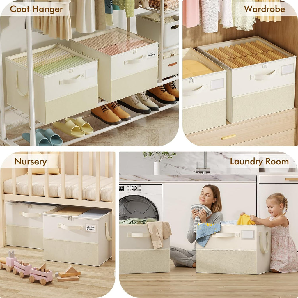 NestOrganix Shoe Organizer - Large Foldable Storage Box with Adjustable Dividers & Clear Cover | Beige 2-Pack