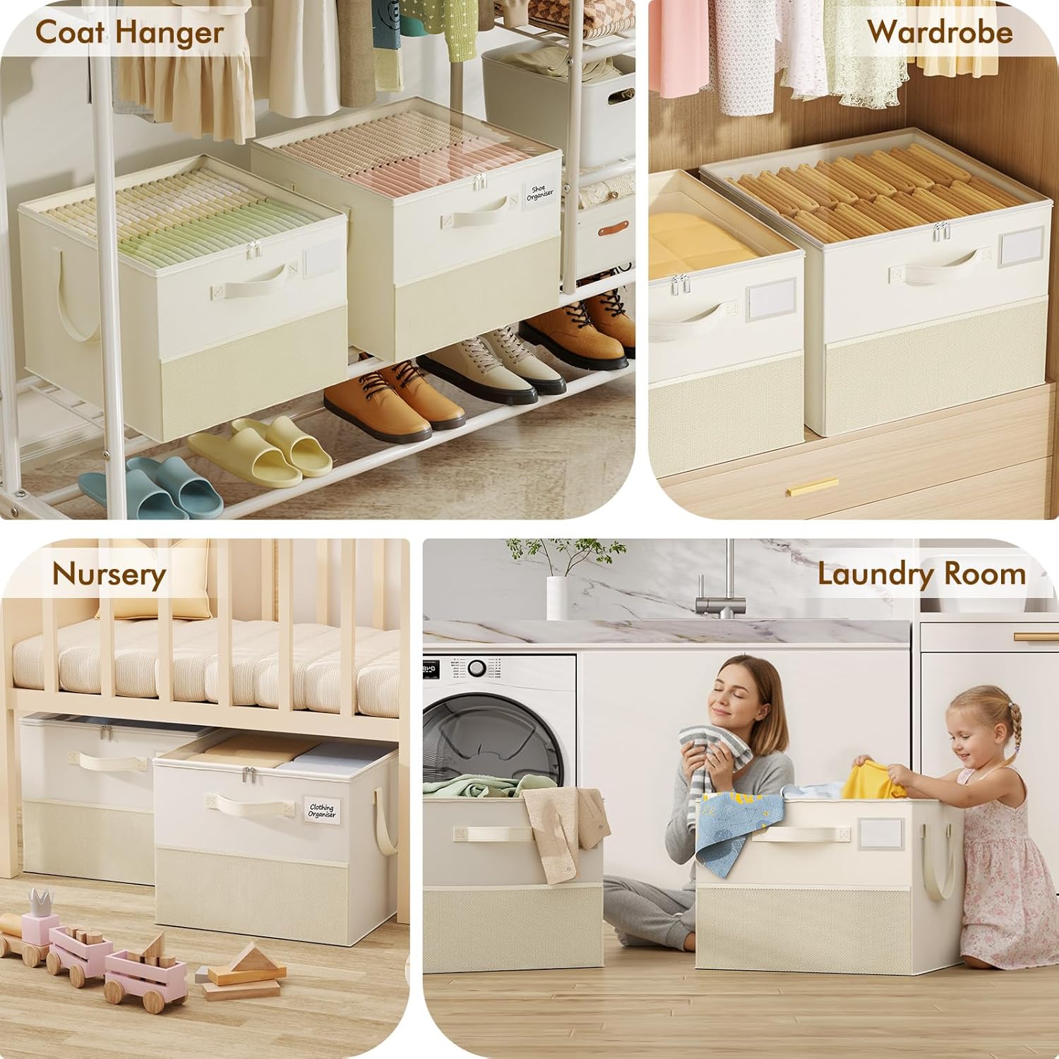 NestOrganix Shoe Organizer - Large Foldable Storage Box with Adjustable Dividers & Clear Cover | Beige 2-Pack